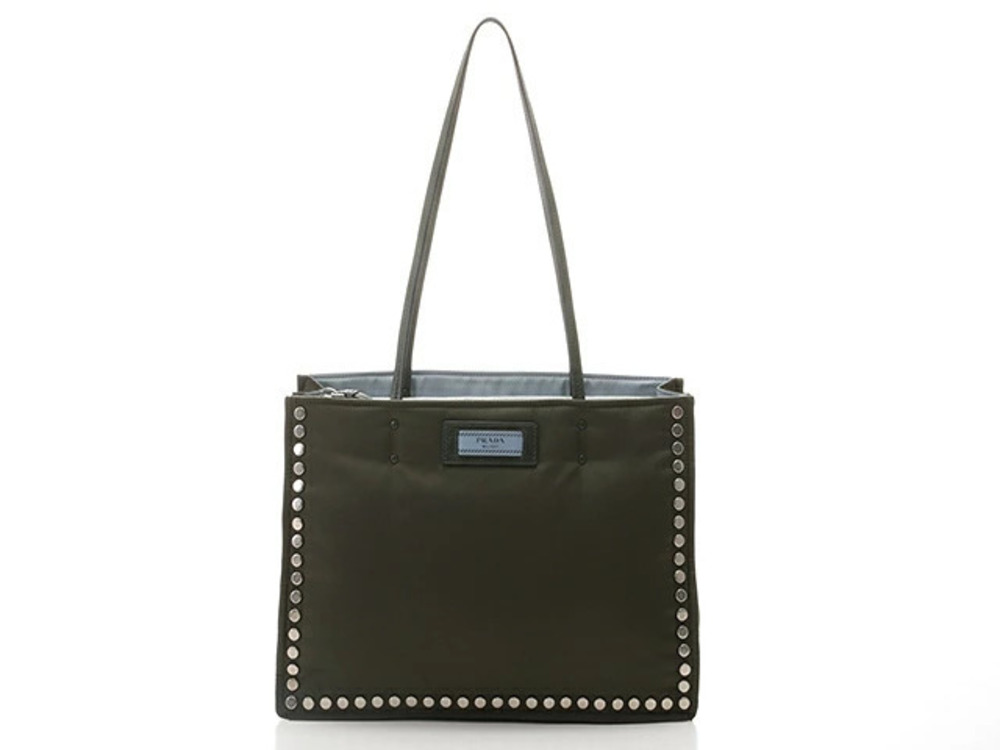 Prada Tote Tessuto Saffiano bag studded Khaki Green blue calfskin SS